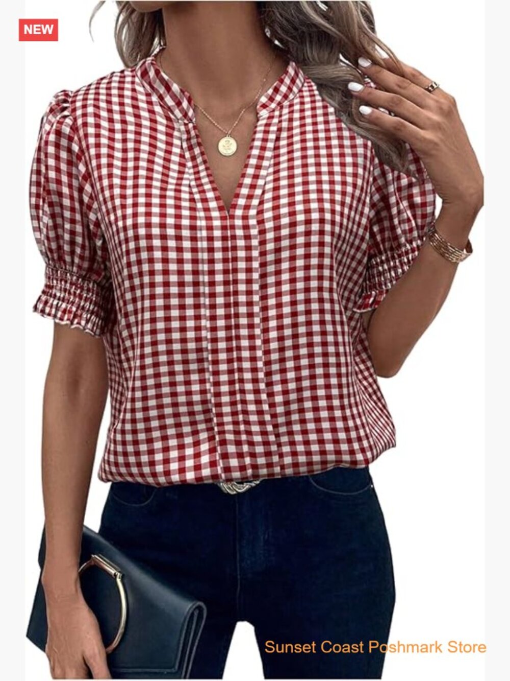 Puff Sleeve Blouse Gingham Print V Neck Casual Dressy Top